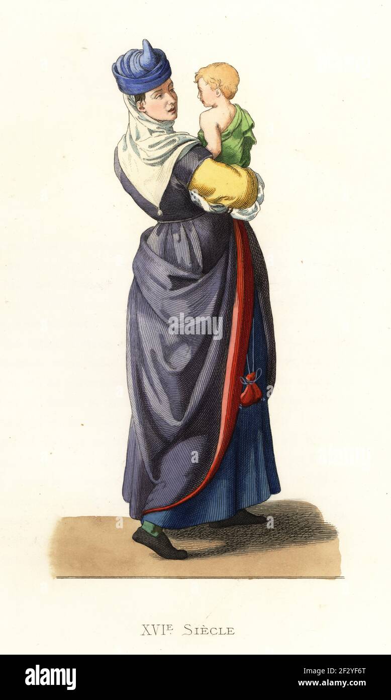 Frau und Kind von Bayonne, Frankreich, 16th Jahrhundert. Sie trägt einen gehörnten Turban mit weißem Leinenschleier, eine blaue Wollrobe, die mit rotem, dunklem Petticoat gefüttert ist. Femme de Bayonne. Nach einem Druck im Cabinet des Estampes, Bibliotheque imperiale, Paris. Handkolorierte Lithographie nach einer Illustration von Edmond Lechevallier-Chevignard aus Georges Duplessis Costumes historiques des XVIe, XVIIe et XVIIIe siecles (Historische Kostüme des 16th., 17th. Und 18th. Jahrhunderts), Paris, 1867. Edmond Lechevallier-Chevignard war Künstler, Buchmaler und Innenarchitekt. Stockfoto