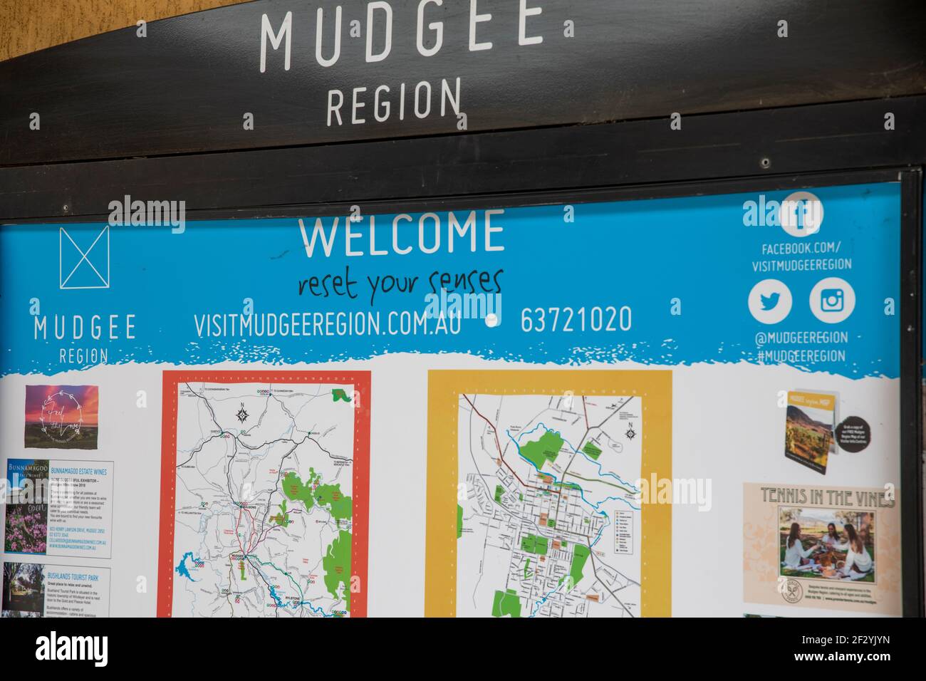 Die Weinregion Mudgee ist willkommen im Gemeindeschild von Mudgee, NSW, Australien Stockfoto