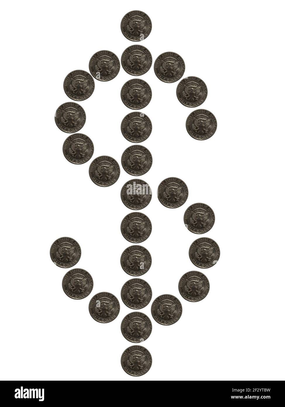 Ein Dollarzeichen aus USA Half-Dollar-Münzen isoliert Auf Weiß Stockfoto