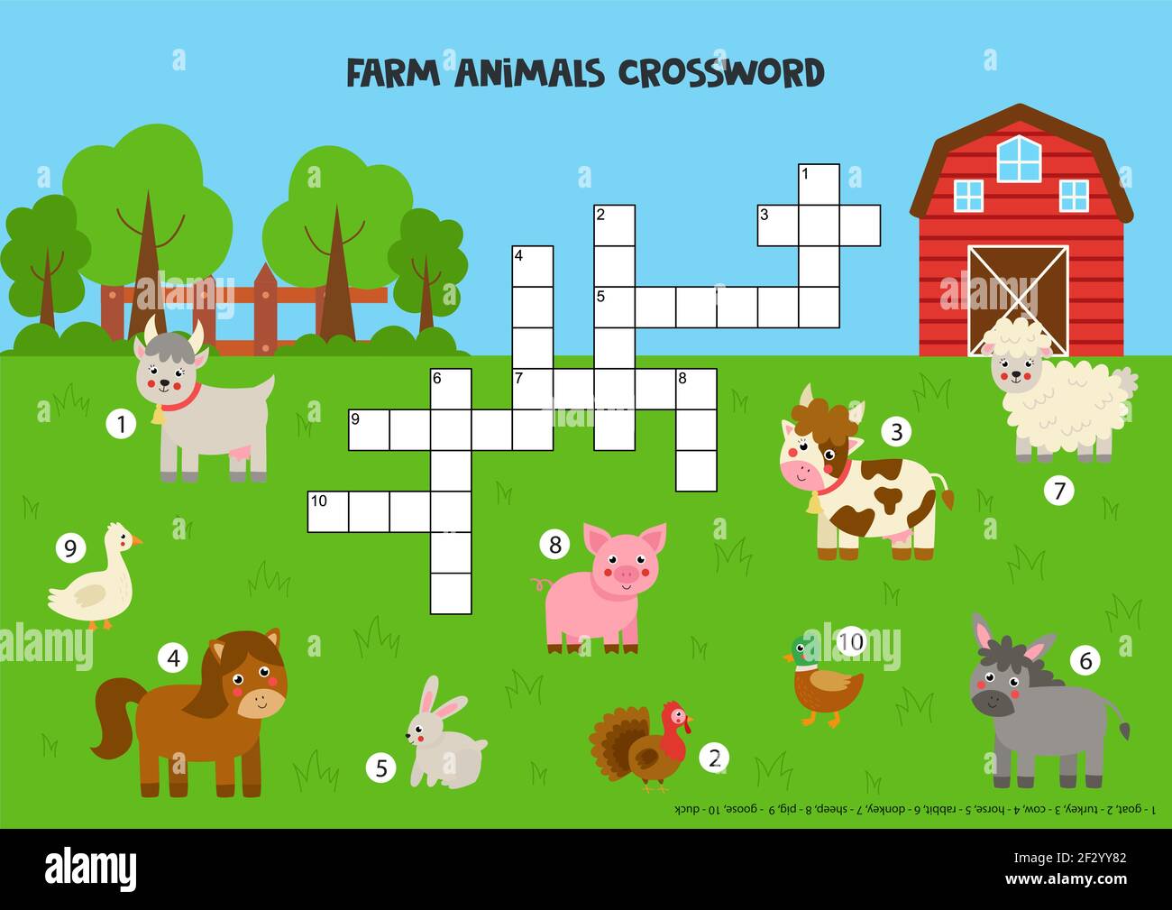 Bauernhof Tier Kreuzworträtsel für Kinder. Niedliche lächelnde Haustiere. Pädagogisches Spiel für Kinder. Stock Vektor