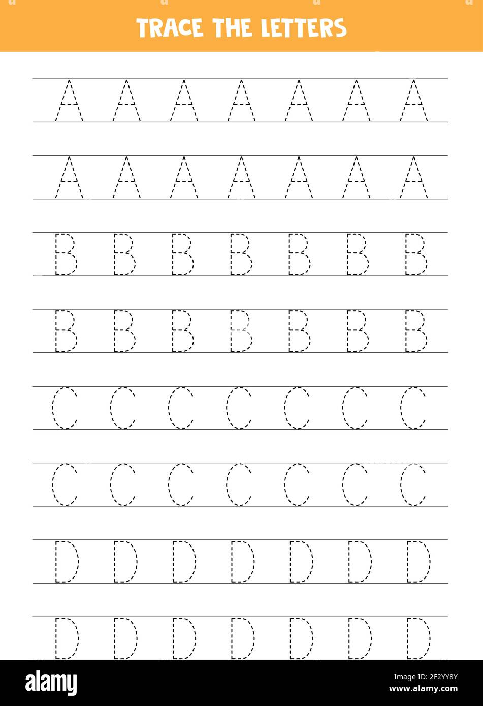 Trace Buchstaben des englischen Alphabets. Handschriftübungen für Kinder im Vorschulalter. Stock Vektor