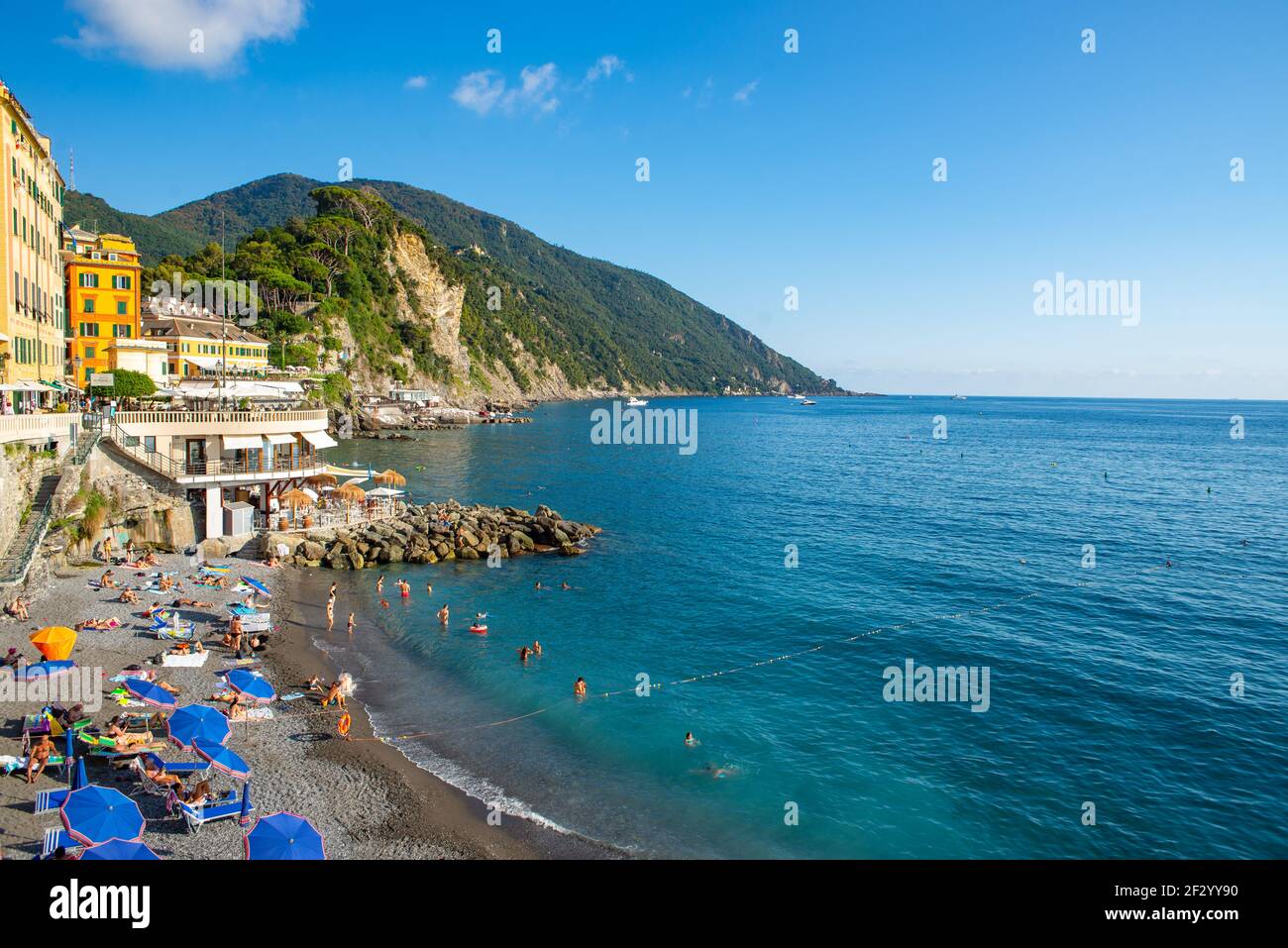 Klares Wasser vor dem Strand von Camogli, Ligurien. Camogli befindet sich neben einem Meeresschutzgebiet und kann sich mit einem fantastischen Meer rühmen Stockfoto