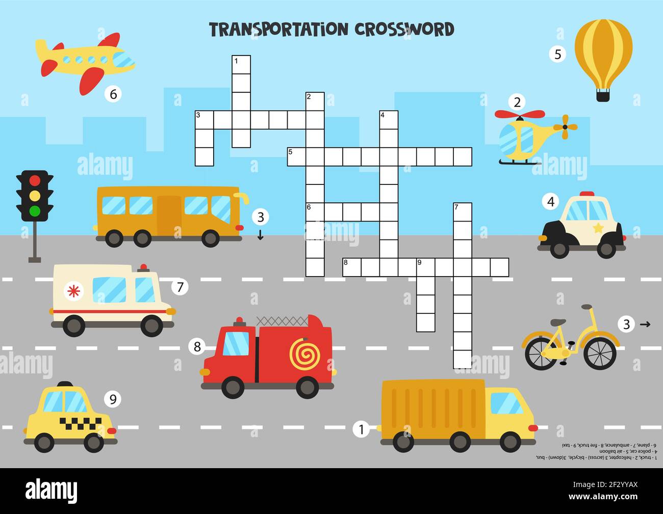 Transport Kreuzworträtsel. Farbenfroher Transport für Kinder. Pädagogisches Spiel für Kinder. Stock Vektor