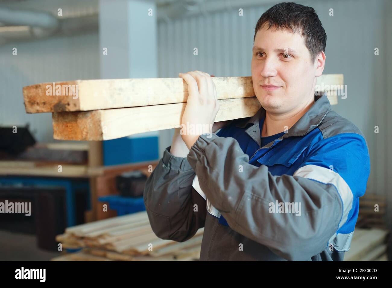 Ein Sägearbeiter in Overalls trägt Holzstangen auf seiner Schulter. Produktion und Lieferung von Baustoffen. Stockfoto