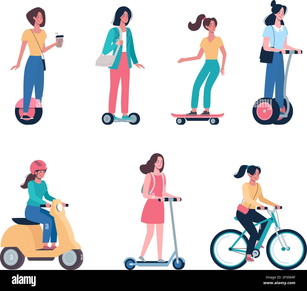 Frauen fahren moderne Elektroroller, Skateboards, Fahrräder, Mopeds. Umweltfreundliche Alternative Fahrzeuge Set. Vector Mädchen im flachen Stil Stock Vektor