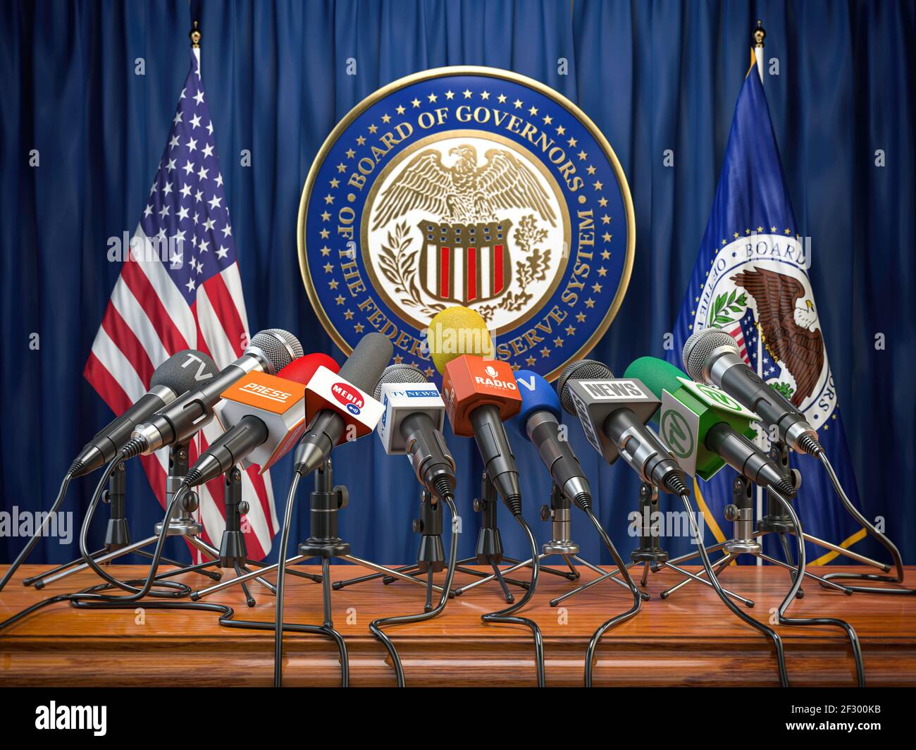 Federal Reserve System Konzept der US-amerikanischen Pressekonferenz der Fed. Mikrofone TV- und Radiokanäle mit Symbol und Flagge der US Federal Reserve. 3D illustrat Stockfoto