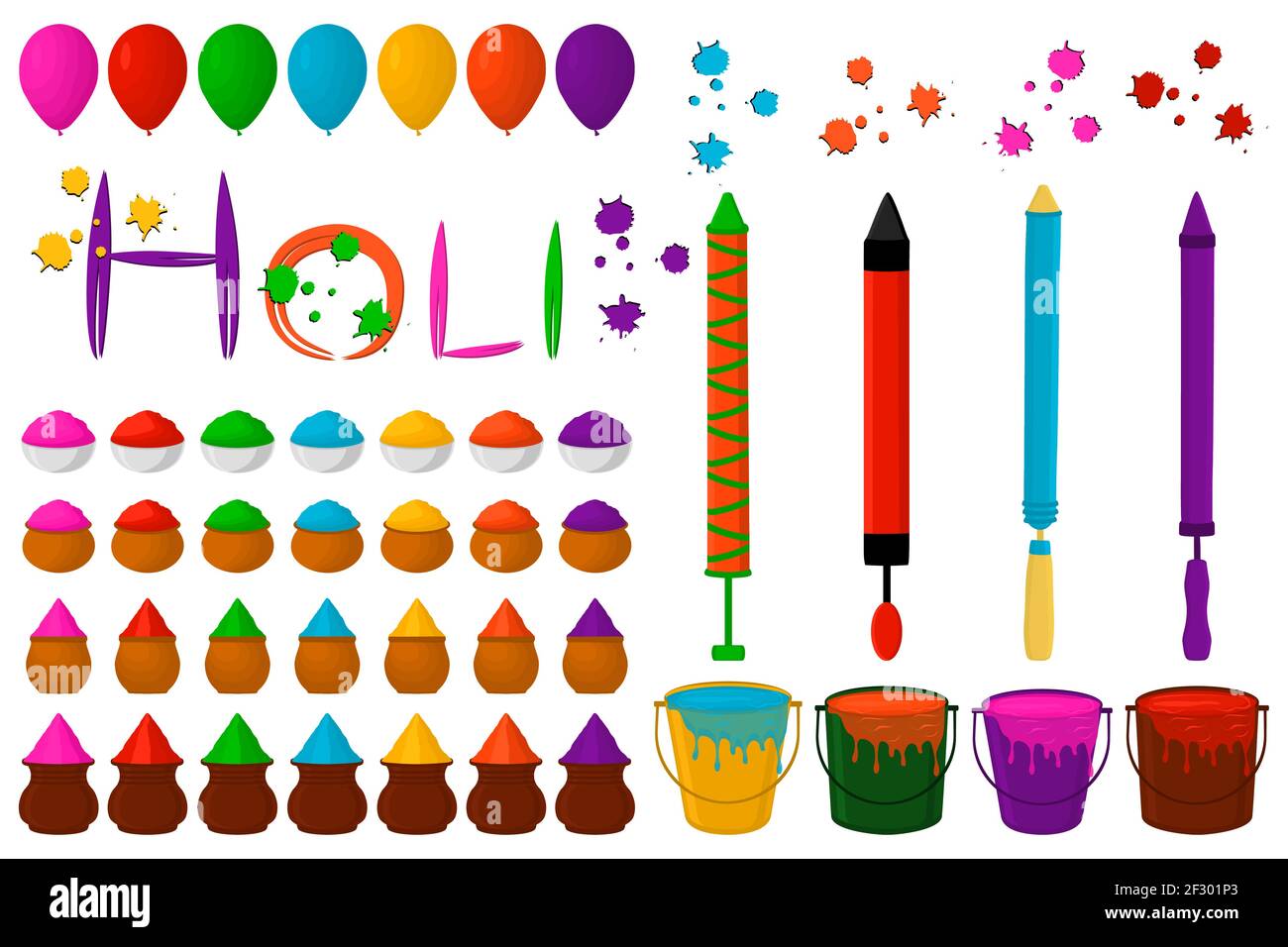 Illustration Thema großen Satz verschiedene Arten bunte Schalen mit hellen Pulver Holi. Schüsseln Muster bestehend aus Sammlung Accessoire Pulver zu holi fes Stock Vektor