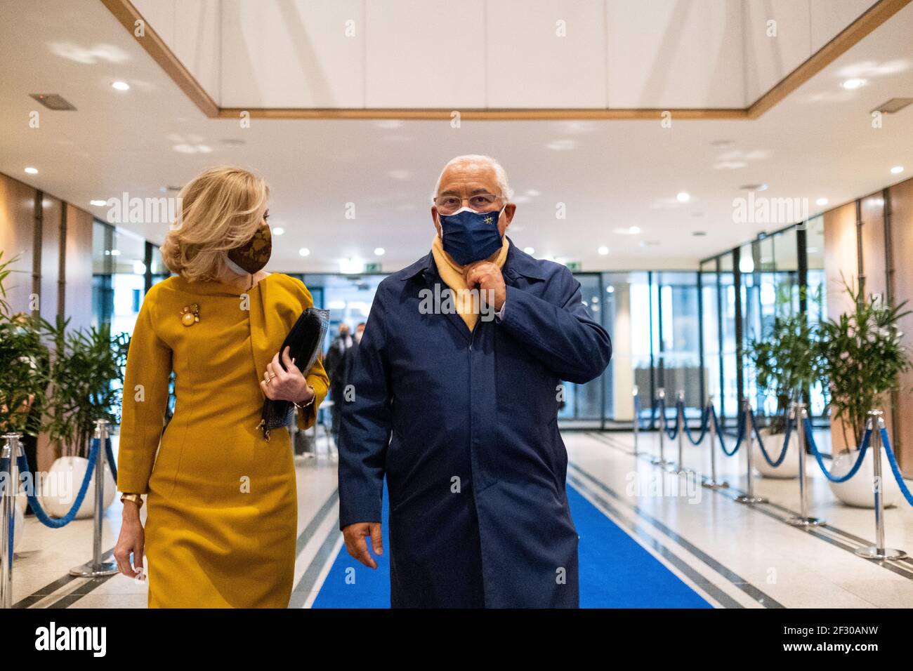 Unterzeichnung der gemeinsamen Erklärung zur Konferenz über die Zukunft Europas mit Antonio Costa, Ministerpräsident von Portugal, und Ursula von der Stockfoto