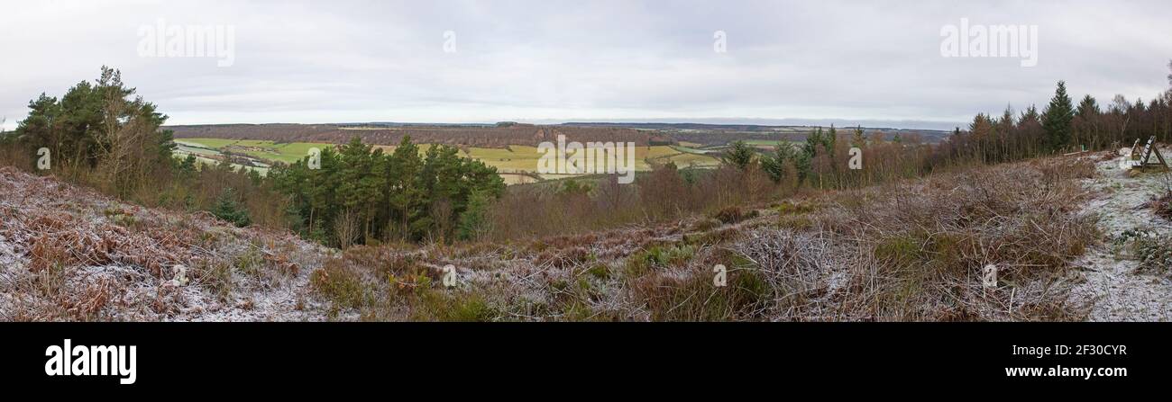 Panoramablick über die ländliche Landschaft Ackerland mit Feldern in Ein Tal im Winterfrost Stockfoto