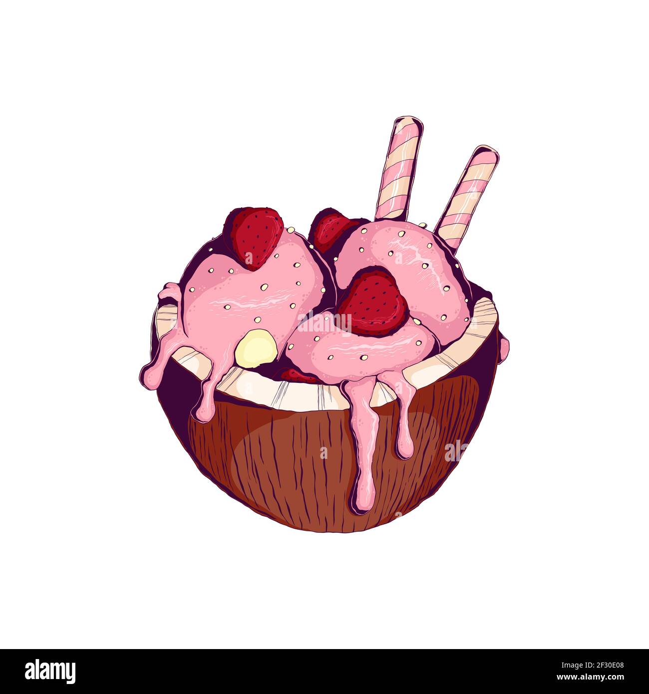 Handgezeichnetes rosafarbenes Eis mit Erdbeere in Kokosnuss mit Milchcreme und in Scheiben geschnittene Erdbeere im Comix-Stil. Bunte Vektor-Illustration von Eis s Stock Vektor