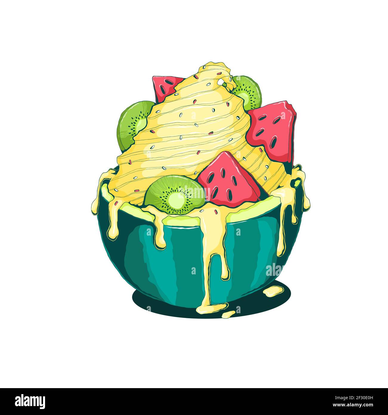 Handgezeichnetes Vanilleeis mit Kiwi und Wassermelone in Wassermelone in Scheiben mit Milchcreme in Komix. Bunte Vektor-Illustration von Eisbecher Stock Vektor