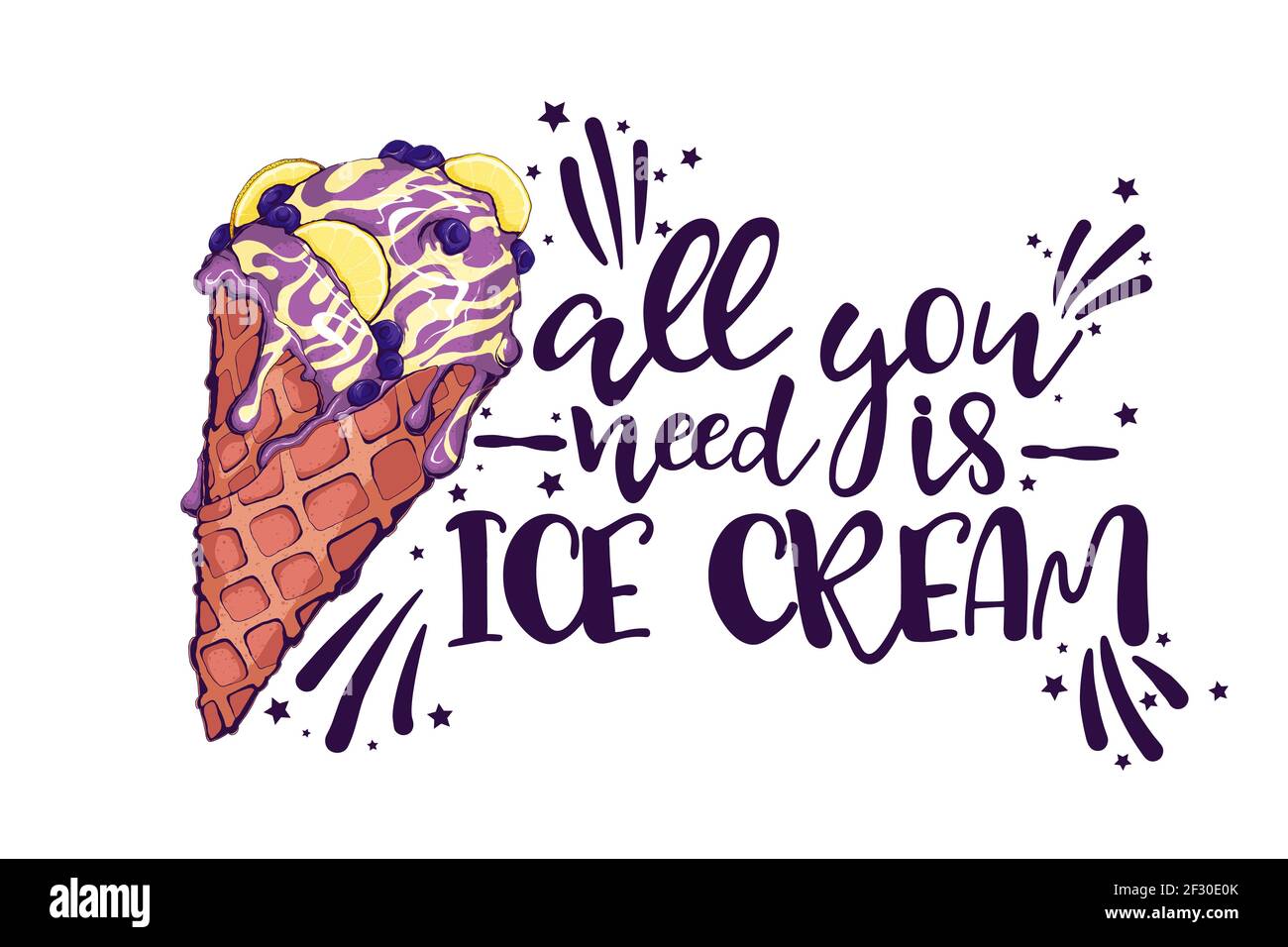 Eis und Zitat, dekorativer Hintergrund. Bunte Kulisse mit stilisierten Vektor Hand zeichnen Eis Illustration. All you need is Ice Cream Slogan. Stock Vektor