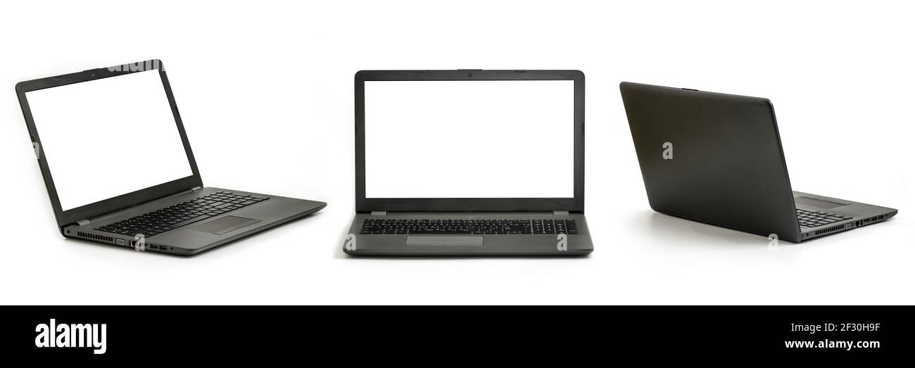 Laptop-Computer mit weißem Bildschirm und Tastaturwinkel, Vorder- und Rückansicht. Jeder Schuss wird separat gemacht Stockfoto