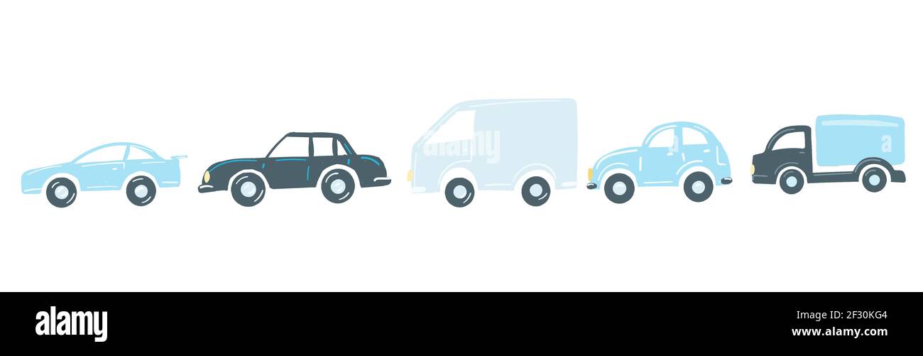 Set f blaue Autos flach einfache Cartoon-Stil Handzeichnung. vektor-Illustration Stock Vektor