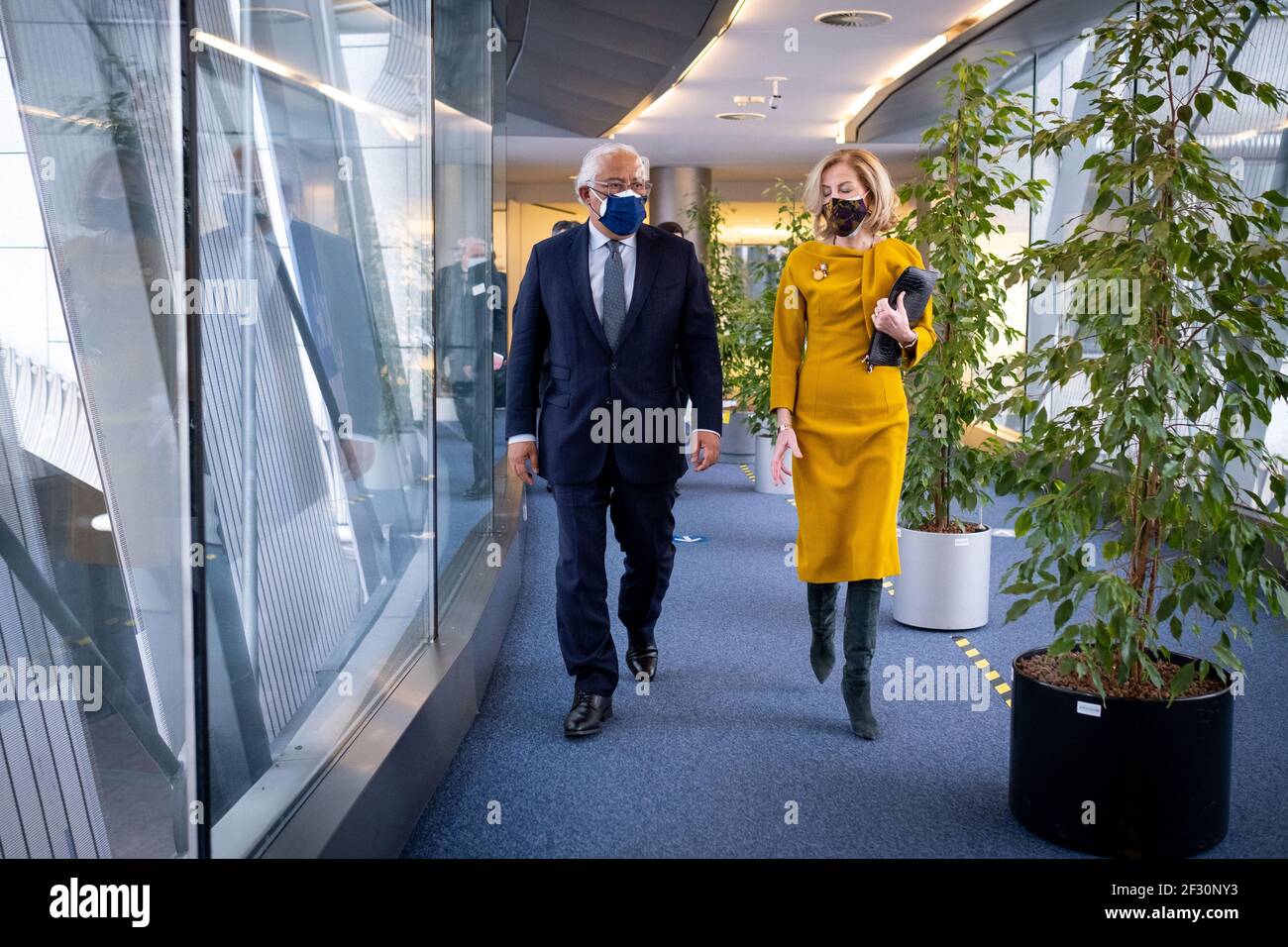 Unterzeichnung der gemeinsamen Erklärung zur Konferenz über die Zukunft Europas mit Antonio Costa, Ministerpräsident von Portugal, und Ursula von der Stockfoto