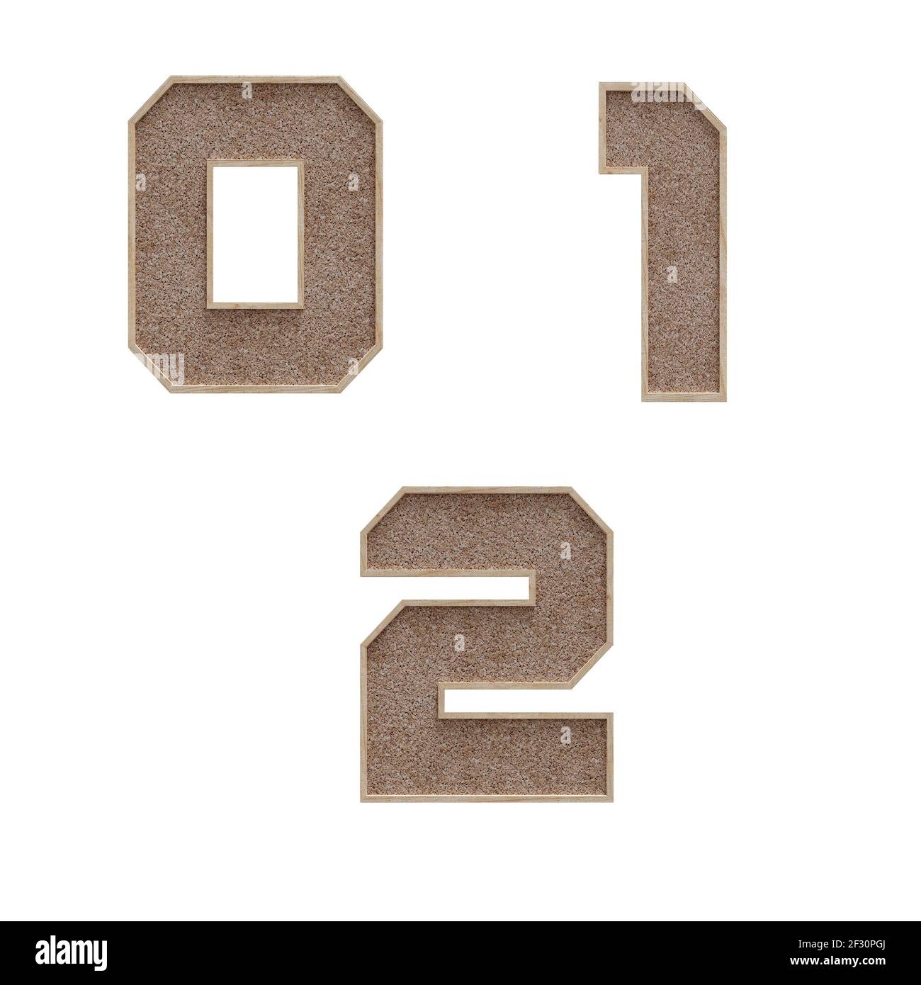 3D Rendering von Korkboard Stil Großbuchstaben und Ziffern Alphabet - Ziffern 0-2 Stockfoto