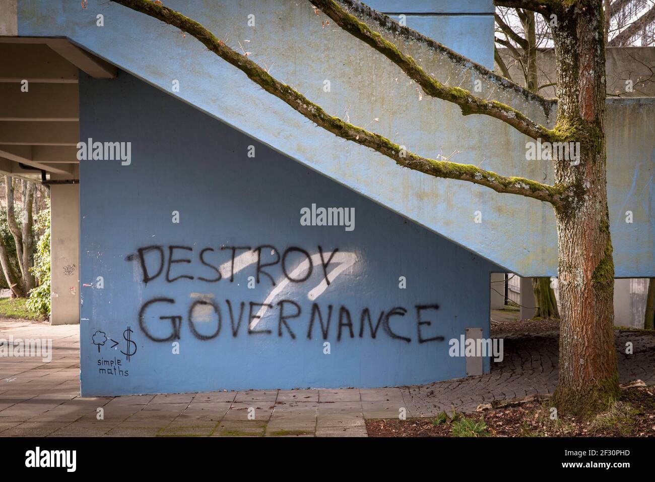 Ruhr-Universität Bochum, Graffiti auf dem Campus, Protest gegen Regierungsformen, Bochum, Nordrhein-Westfalen, Deutschland. Ruhr-Universität Bochum, Stockfoto
