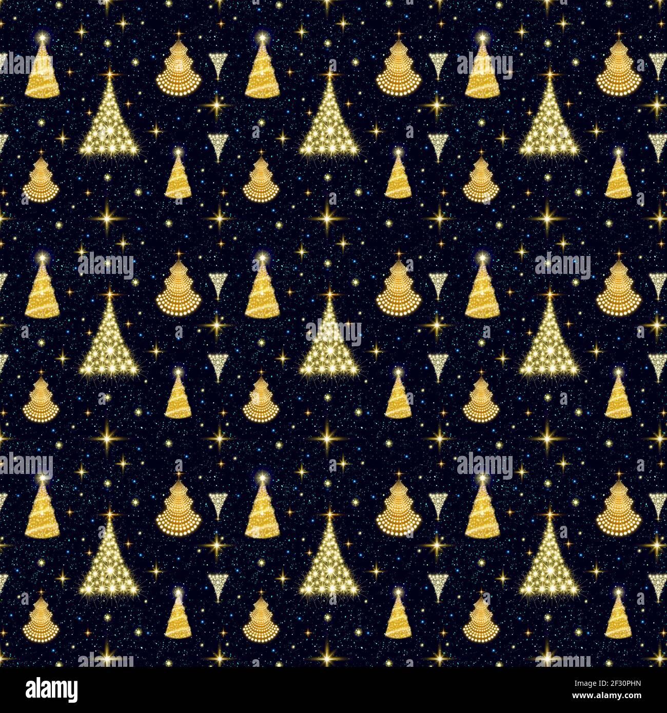 Goldene Weihnachtsbäume Nahtloses Muster für Stofftextur oder Geschenkpapier. Stockfoto