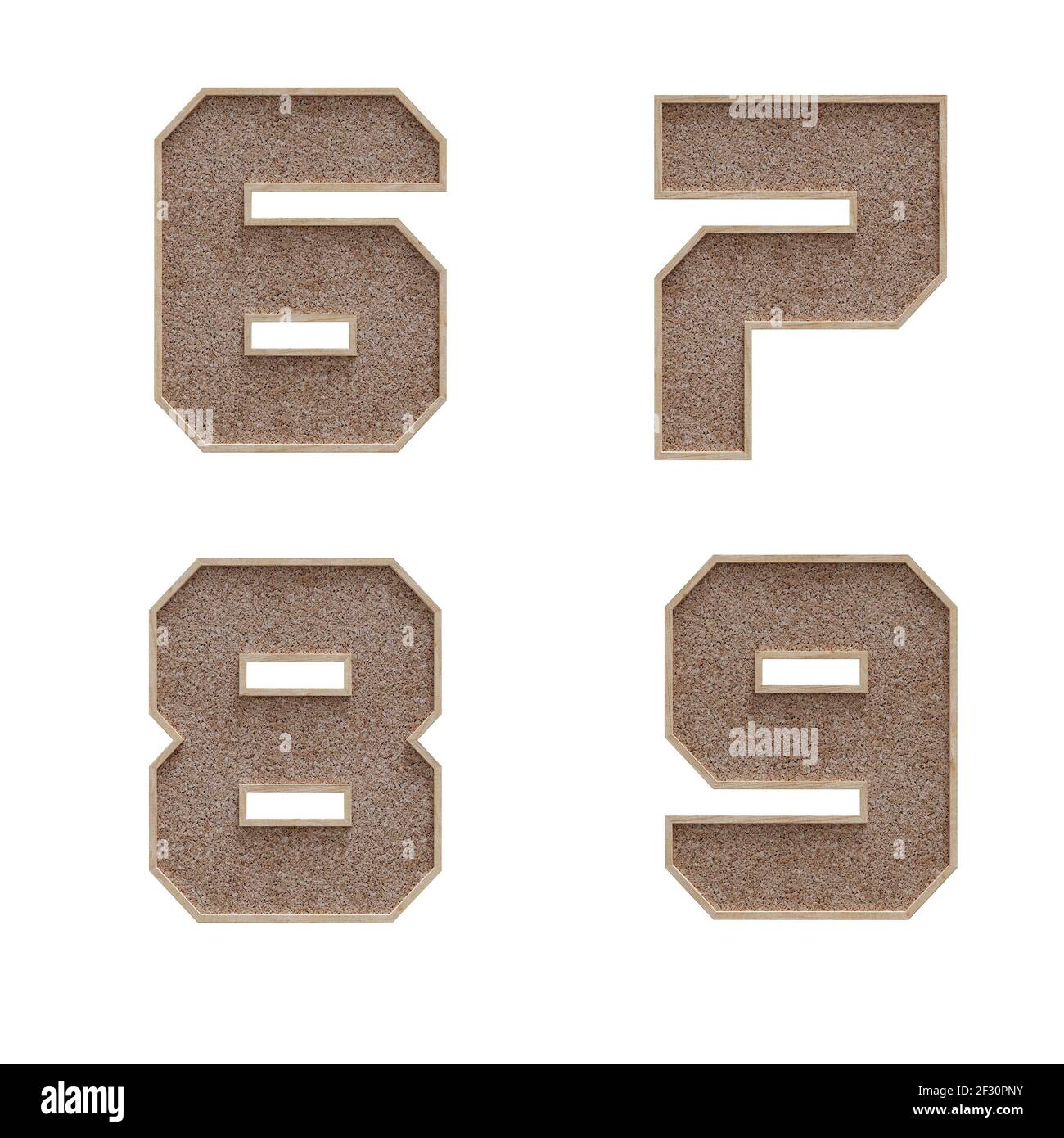 3D Rendering von Korkboard Stil Großbuchstaben und Ziffern Alphabet - Ziffern 6-9 Stockfoto