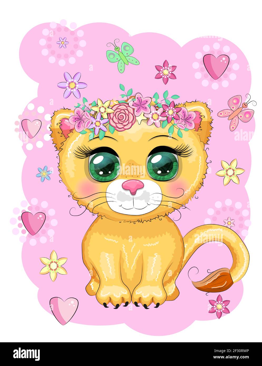 Cartoon Löwin mit ausdrucksstarken Augen. Wilde Tiere, Charakter, kindisch niedlichen Stil. Stock Vektor
