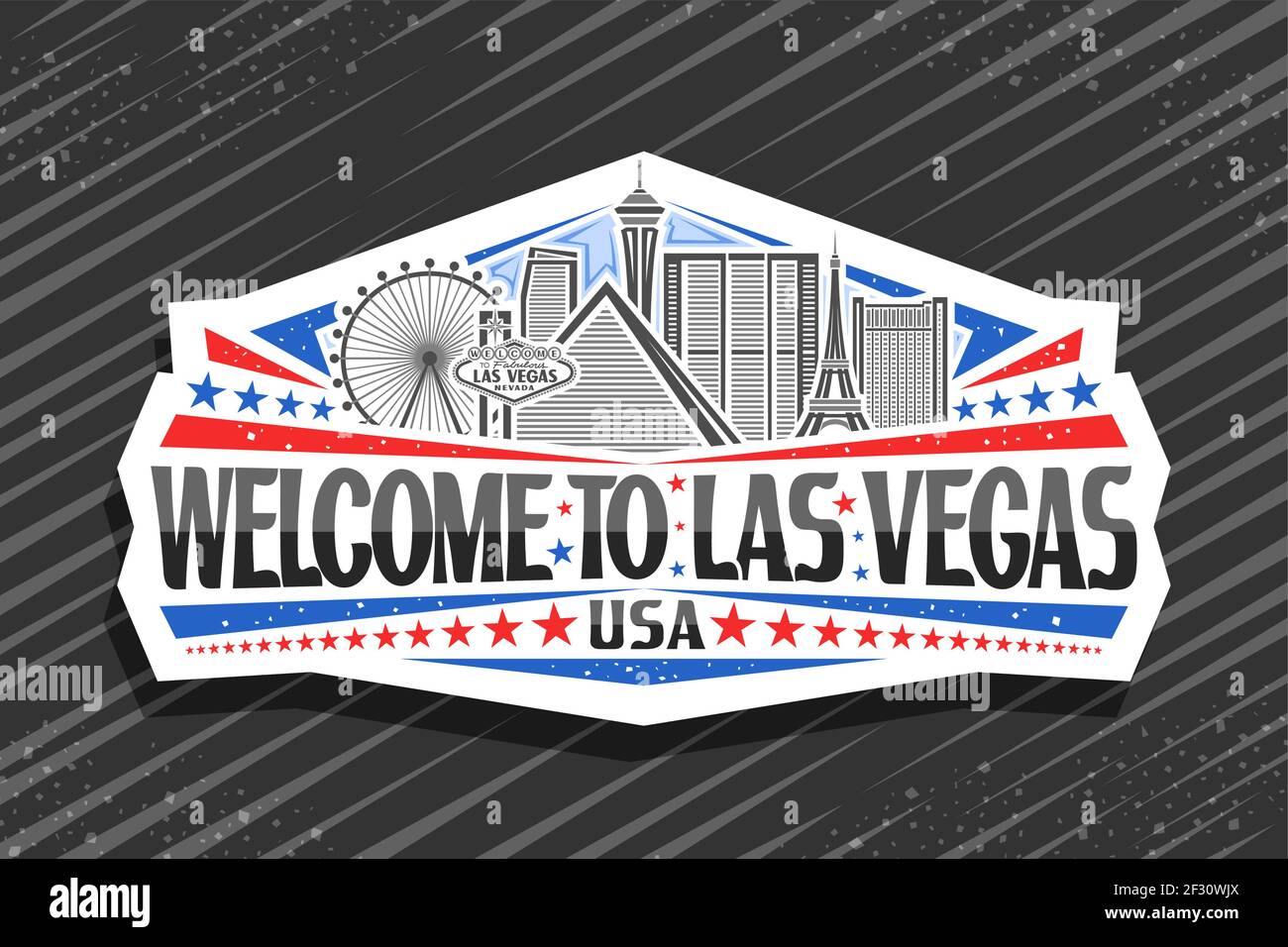 Vektor-Logo für Las Vegas, weißes dekoratives Abzeichen mit Illustration der amerikanischen Stadtlandschaft am Tag Himmel Hintergrund, Kunstdesign Kühlschrankmagnet mit einzigartig Stock Vektor