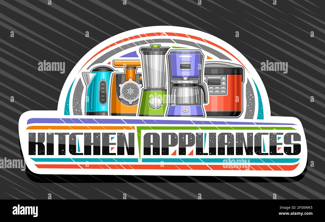 Vektor-Logo für Küchengeräte, weißes dekoratives Schild mit Abbildung verschiedener moderner Haushaltsgeräte, Schild mit einzigartigem Pinselschriftzug Stock Vektor