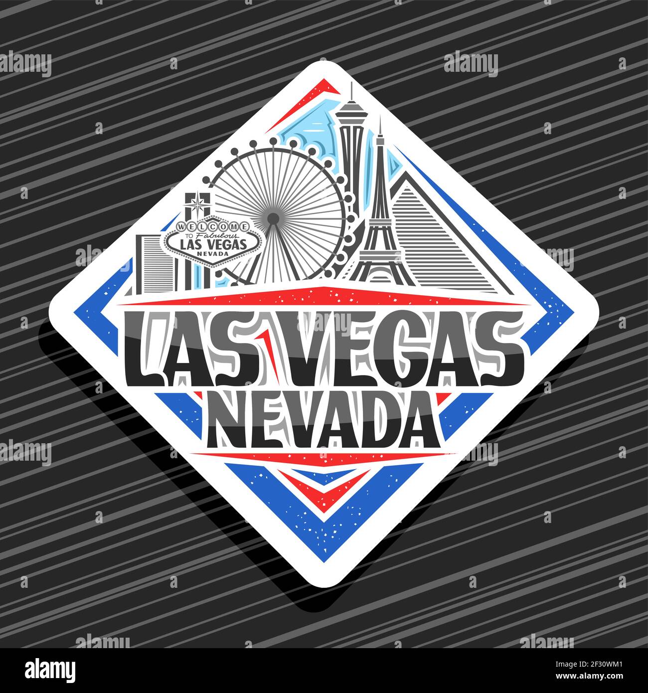 Vektor-Logo für Las Vegas, weiße Rautenabzeichen mit Umriss Abbildung der amerikanischen Stadtlandschaft auf Tag Himmel Hintergrund, dekorativer Kühlschrankmagnet mit U Stock Vektor