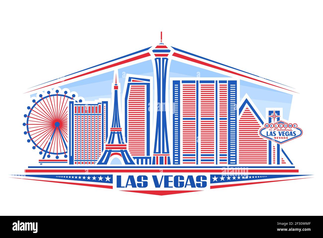 Vektor-Illustration von Las Vegas, horizontales Plakat mit einfachen Design-Gebäuden und skizzieren Wahrzeichen, urbanes Konzept mit modernem Stadtbild, einzigartige f Stock Vektor