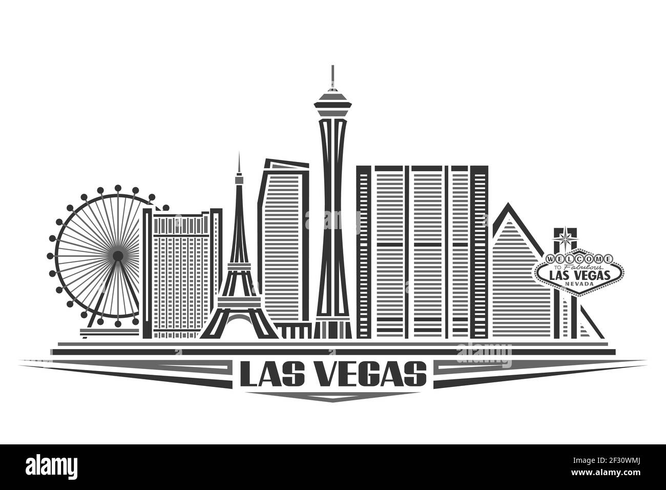 Vektor-Illustration von Las Vegas, monochromes Poster mit schlichten Design-Gebäuden und skizzieren Wahrzeichen, urbanes Konzept mit modernem Stadtbild und Dekor Stock Vektor