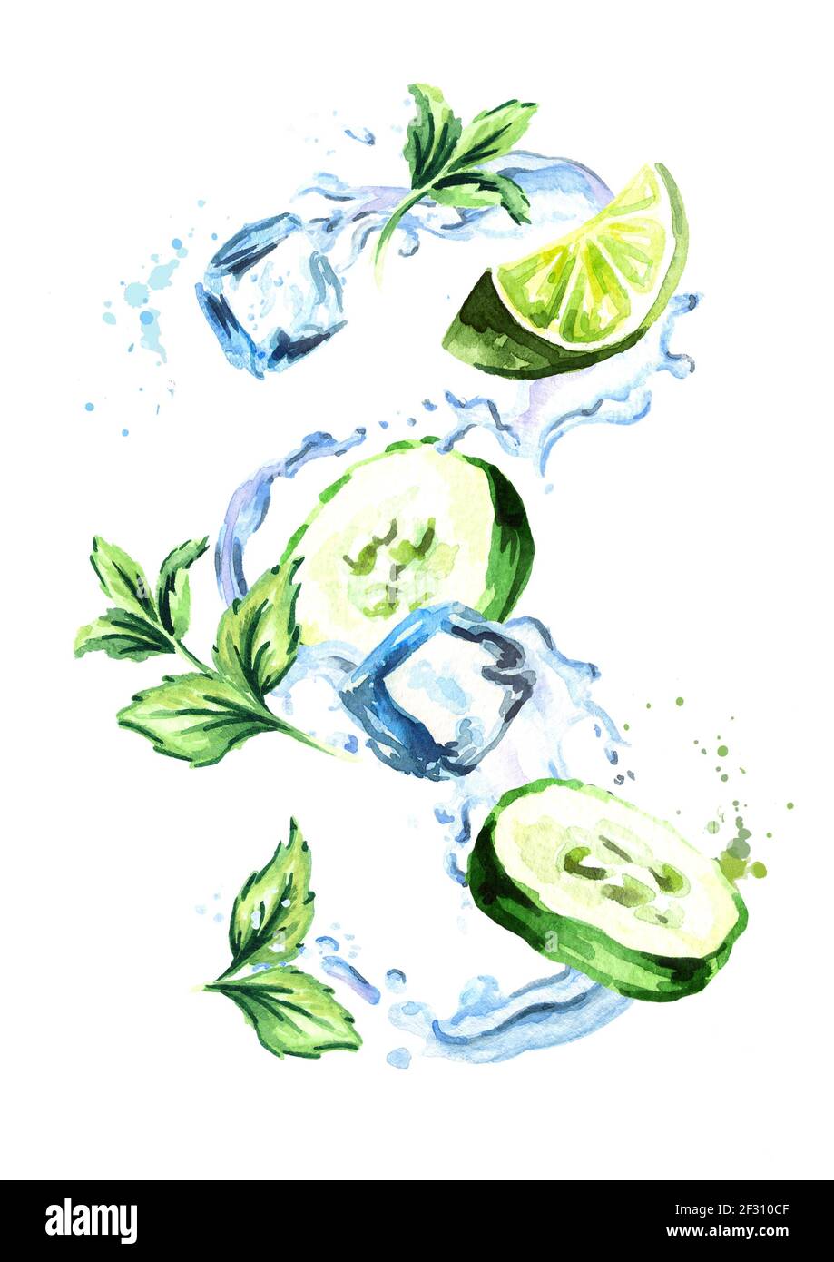 Gurke Mint Cooler Spritzer mit Eiswürfeln, Limette, Gurke und Minzblatt. Aquarell handgezeichnete Illustration, isoliert auf weißem Hintergrund Stockfoto