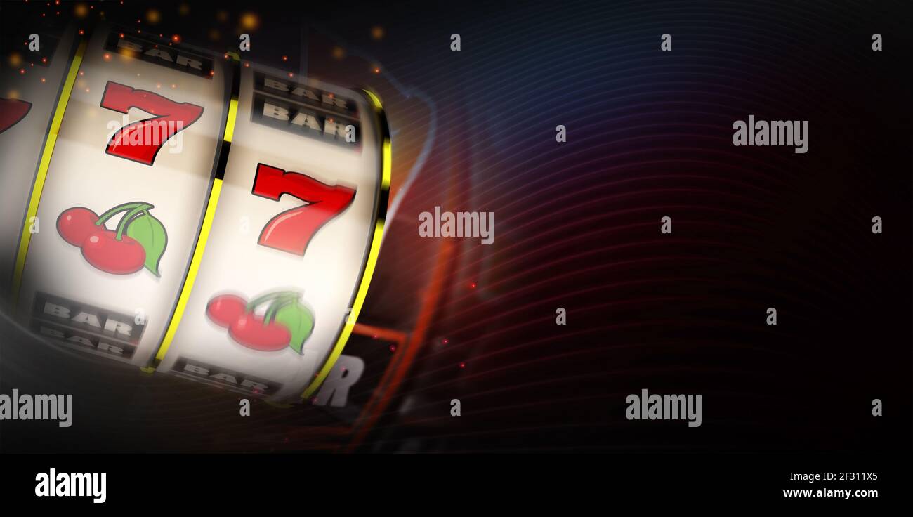 Abstract 3D gerenderte Illustration von Motion Blur Spielautomat Casino Banner Hintergrund. Einhändige Drehung Der Banditen-Trommel. Dunkler Kopierbereich Rechts. Stockfoto