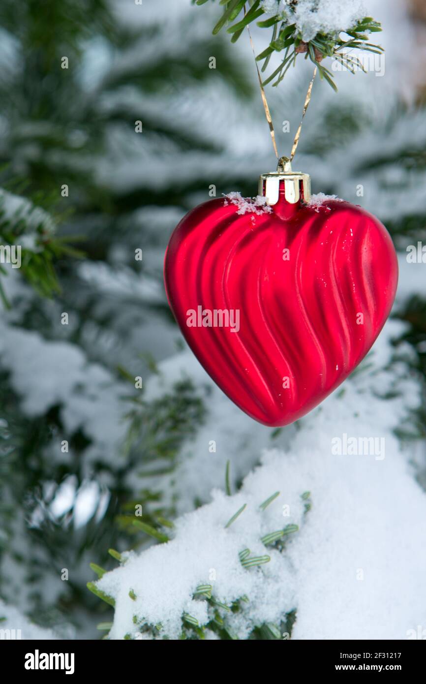 Herz aus rotem Stein in weißem Schnee.Valentinstag Hintergrund. Stockfoto