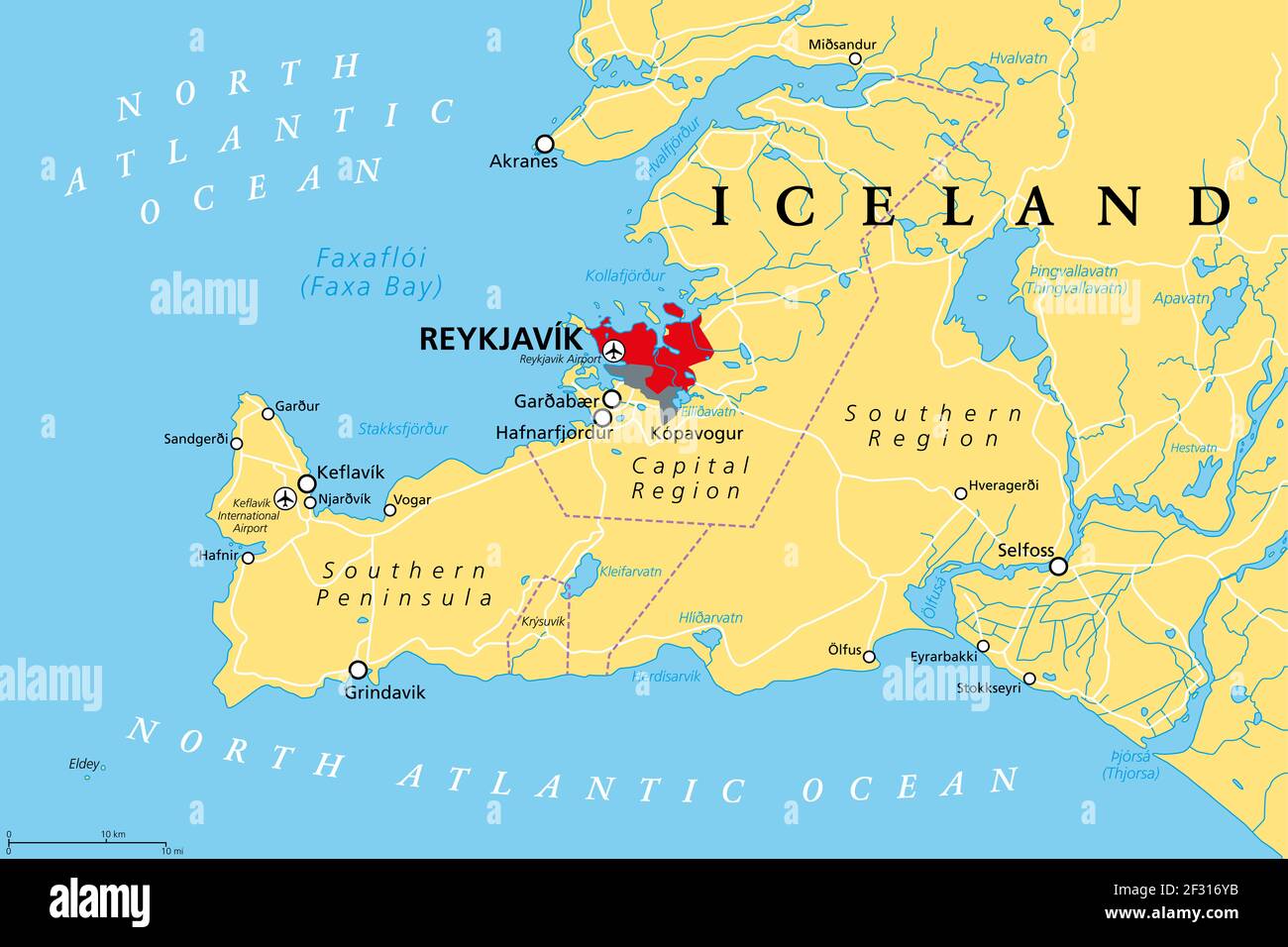 Island, Hauptstadtregion und Südliche Halbinsel, politische Landkarte. Reykjavik und Umgebung, mit Reykjanes Peninsula, einer Region im Südwesten Islands. Stockfoto