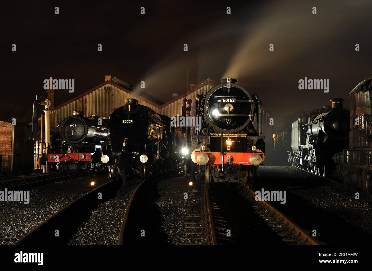 Links nach rechts außerhalb des Schuppen sind '1466', 'King Edward II', 'Sir Nigel Gresley', 'Tornado' und 'Burton Agnes Hall' Stockfoto