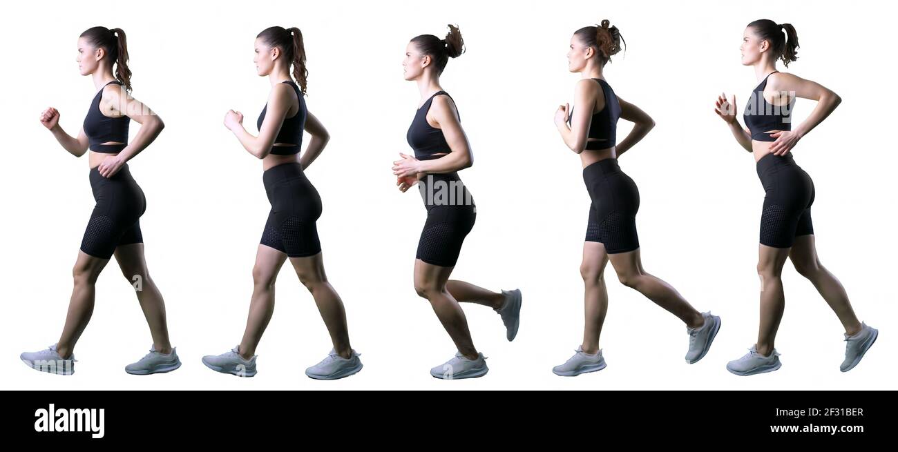 Set von sportlich aktive Frau Geschwindigkeit Wandern, Joggen oder Laufen.  Seitenansicht. Ganzkörper isoliert auf weißem Hintergrund Stockfotografie -  Alamy