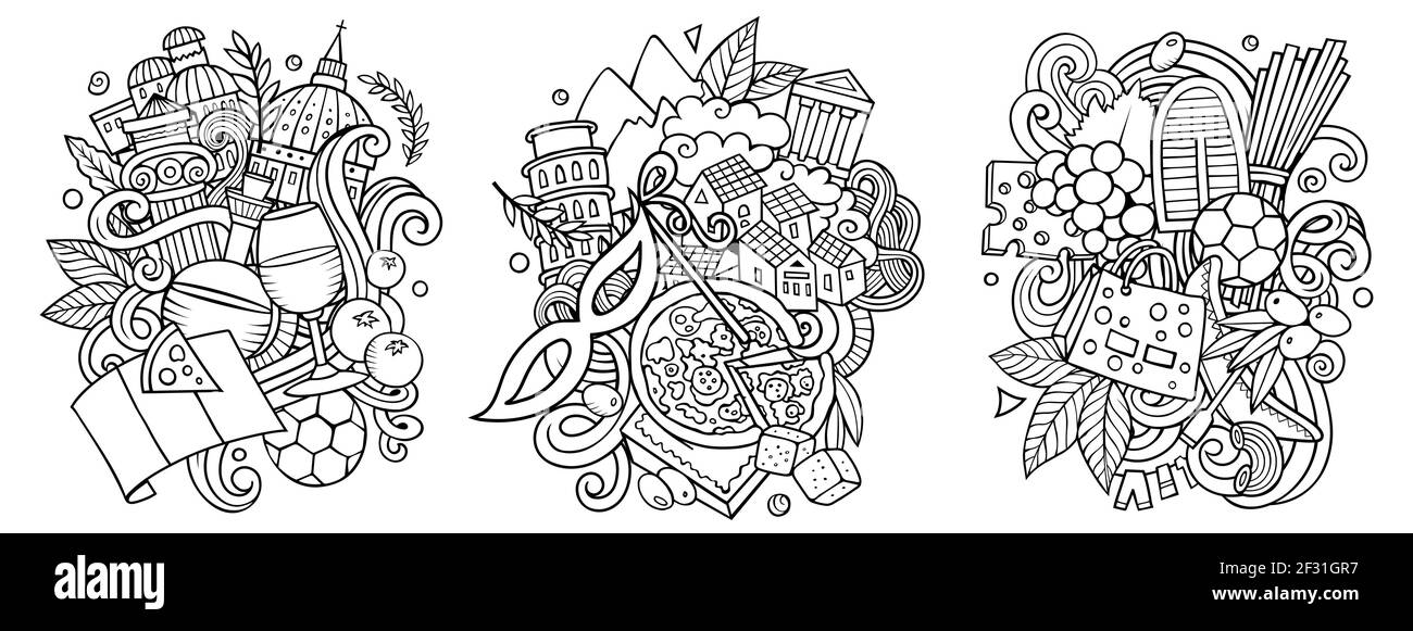 Italien Cartoon Vektor Doodle Designs Set. Line Art detaillierte Kompositionen mit vielen italienischen Objekten und Symbolen. Isoliert auf weißen Abbildungen Stock Vektor