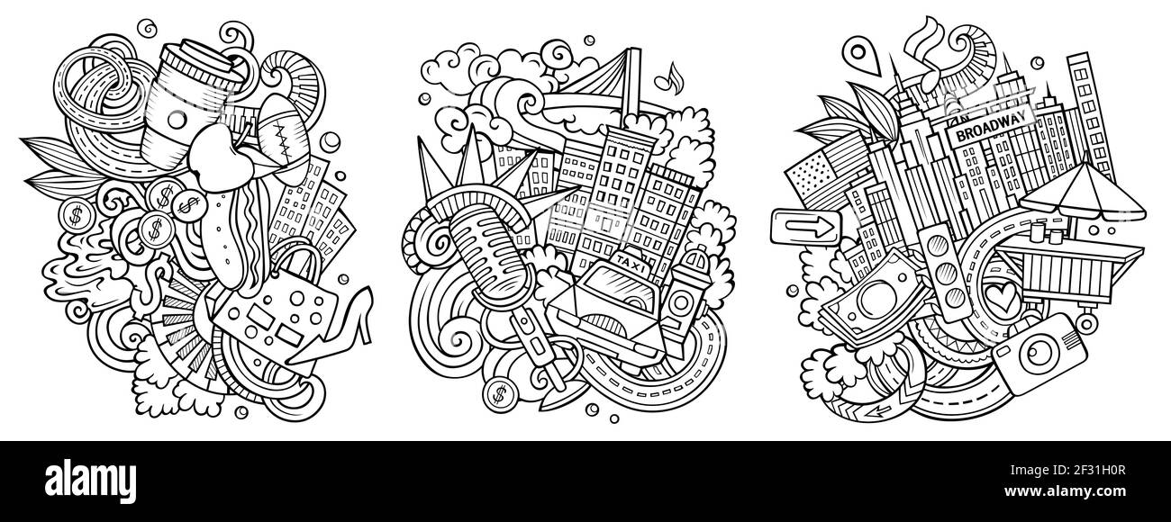 New York Cartoon Vektor Doodle Designs Set. Line Art detailreiche Kompositionen mit vielen Objekten und Symbolen aus den USA. Isoliert auf weißen Abbildungen Stock Vektor