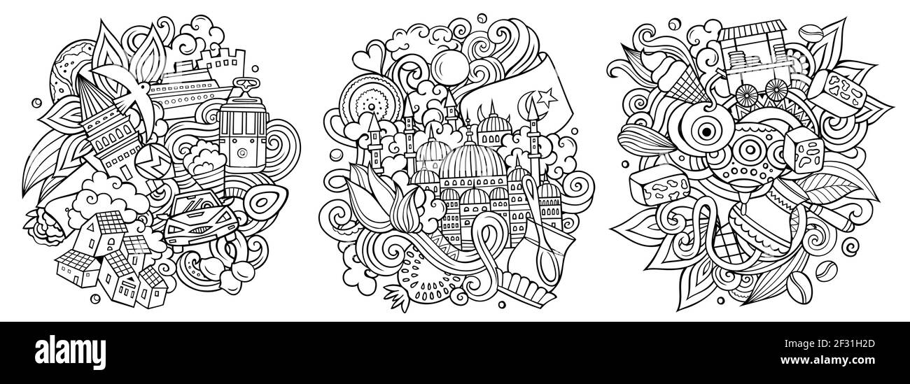 Istanbul Cartoon Vektor Doodle Designs Set. Line Art detaillierte Kompositionen mit vielen türkischen Objekten und Symbolen. Isoliert auf weißen Abbildungen Stock Vektor
