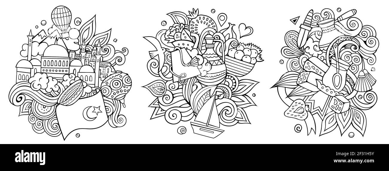 Türkei Cartoon Vektor Doodle Designs Set. Line Art detaillierte Kompositionen mit vielen türkischen Objekten und Symbolen. Isoliert auf weißen Abbildungen Stock Vektor