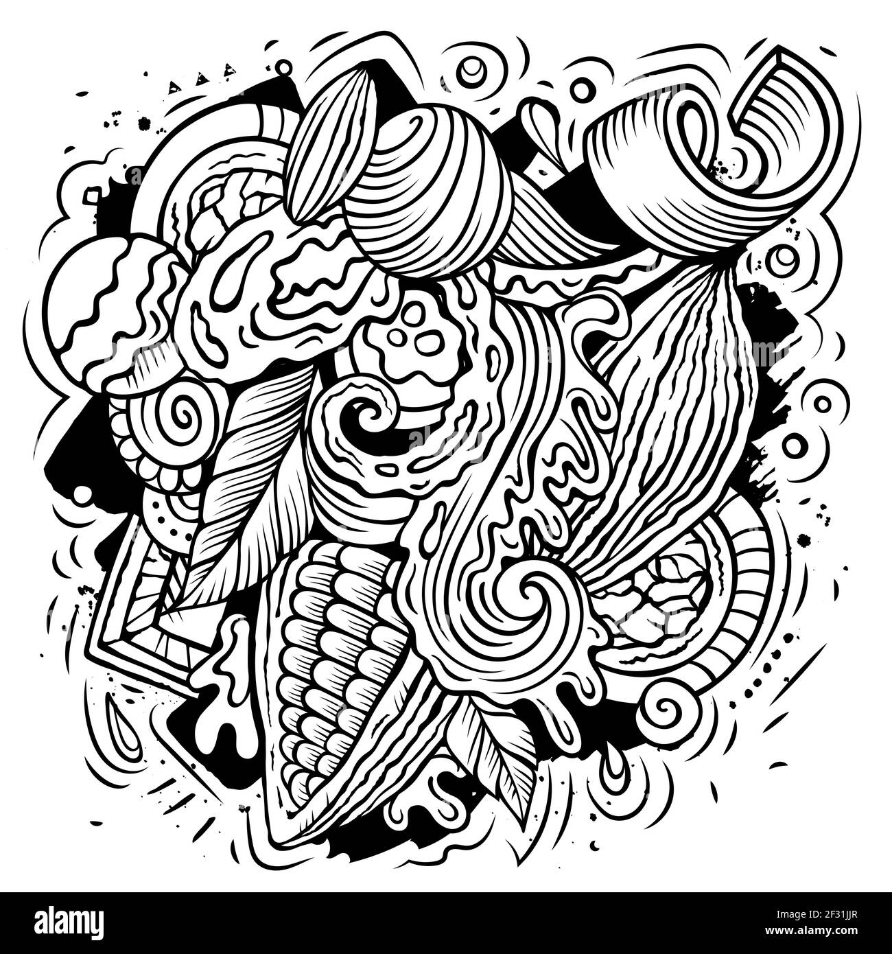 Schokolade handgezeichnete Vektor-Doodles Illustration. Schoko-Poster-Design. Süße Elemente und Objekte Cartoon Hintergrund. Linie Kunst lustige Bild Stock Vektor