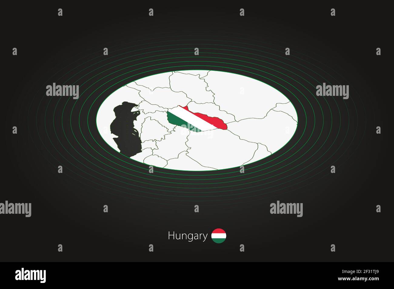 Ungarn Karte in dunkler Farbe, ovale Karte mit Nachbarländern. Vektor-Karte und Flagge von Ungarn Stock Vektor