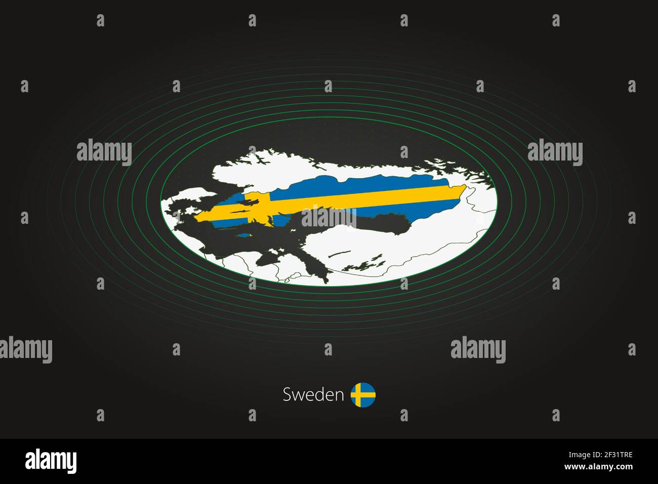 Schwedenkarte in dunkler Farbe, ovale Karte mit Nachbarländern. Vektorkarte und Flagge von Schweden Stock Vektor
