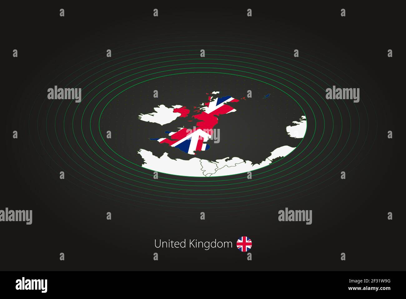 Karte von Großbritannien in dunkler Farbe, ovale Karte mit Nachbarländern. Vektorkarte und Flagge von Großbritannien Stock Vektor