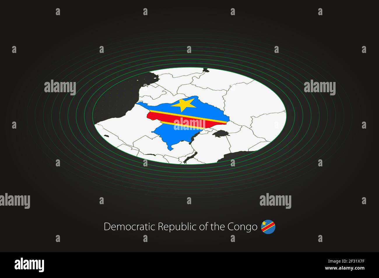 Kongo-Kinshasa Karte in dunkler Farbe, ovale Karte mit Nachbarländern. Vektorkarte und Flagge von DR Kongo Stock Vektor