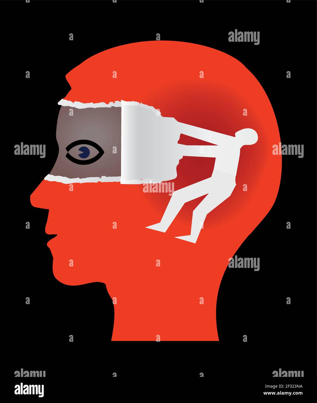 Öffnen Sie Ihre Augen, entdecken und aufdecken, Psychologie Konzept. Roter männlicher Kopf im Profil und männliche Silhouette ripping Papier und Aufdecken Auge. Stock Vektor