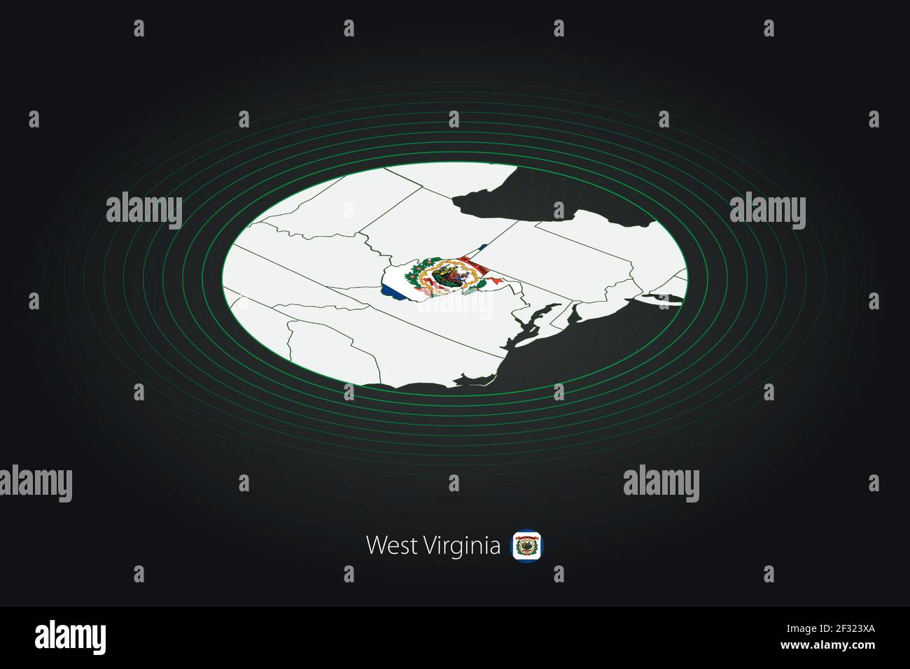 West Virginia Karte in dunkler Farbe, ovale Karte mit benachbarten US-Bundesstaaten. Vektorkarte und Flagge von US-Bundesstaat West Virginia Stock Vektor