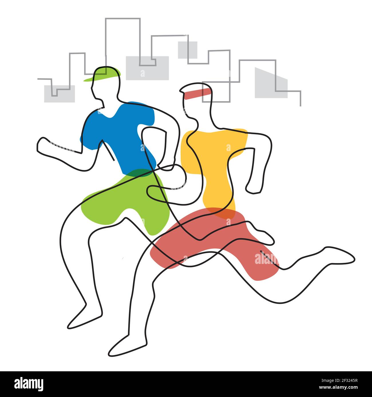 Joggen in der Stadt, Marathonläufer. Illustration von Kufen mit durchgehender Linienzeichnung. Vektor verfügbar. Vektor verfügbar. Stock Vektor