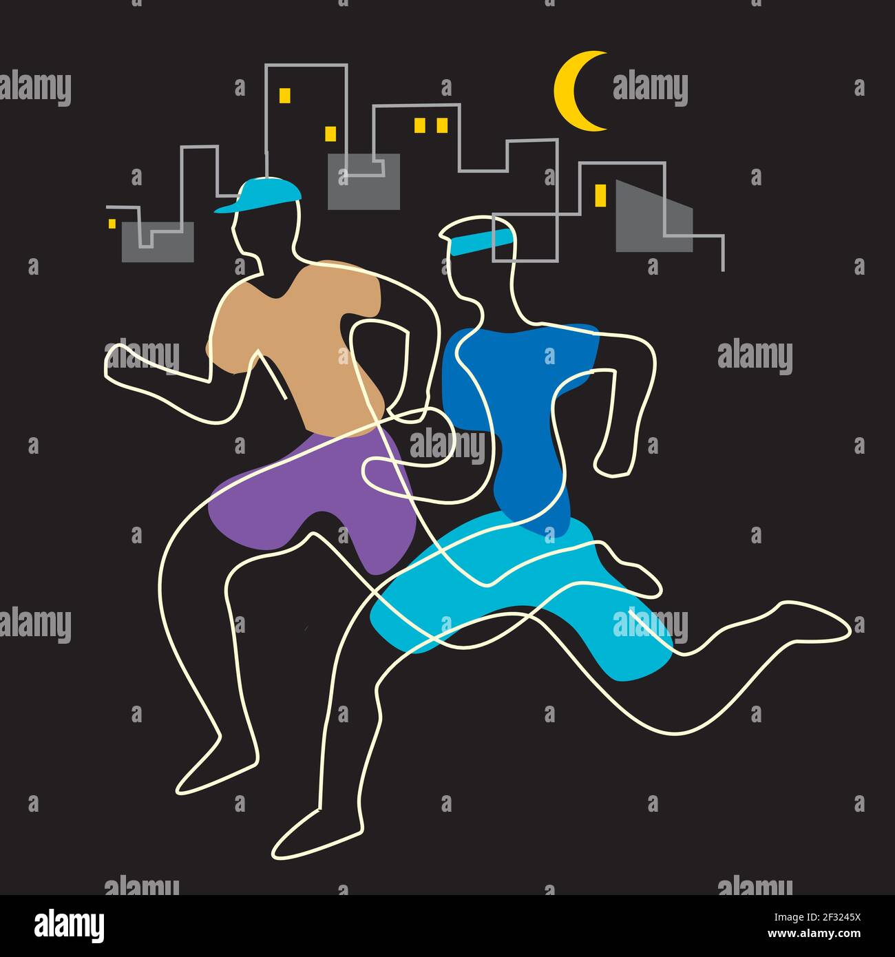 Nachtjogging in der Stadt, zwei Läufer. Illustration von Kufen mit durchgehender Linienzeichnung auf schwarzem Hintergrund. Vektor verfügbar. Stock Vektor