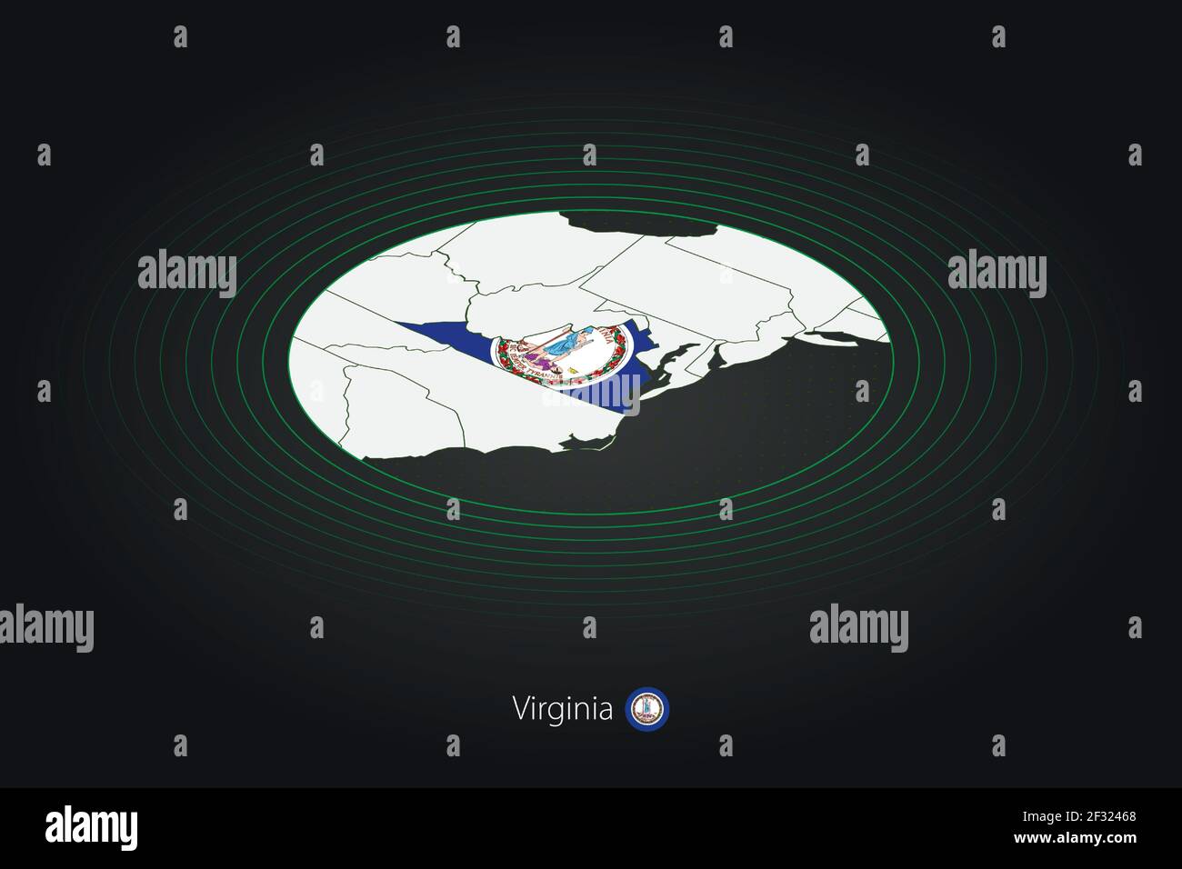 Virginia-Karte in dunkler Farbe, ovale Karte mit benachbarten US-Bundesstaaten. Vektorkarte und Flagge von US-Bundesstaat Virginia Stock Vektor
