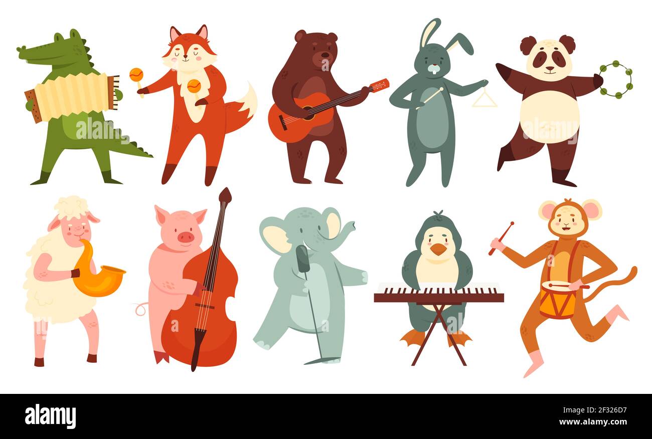 Tiere spielen Musikset, niedliches Orchester, Band von heimischen oder wilden Tier Musiker spielen Stock Vektor